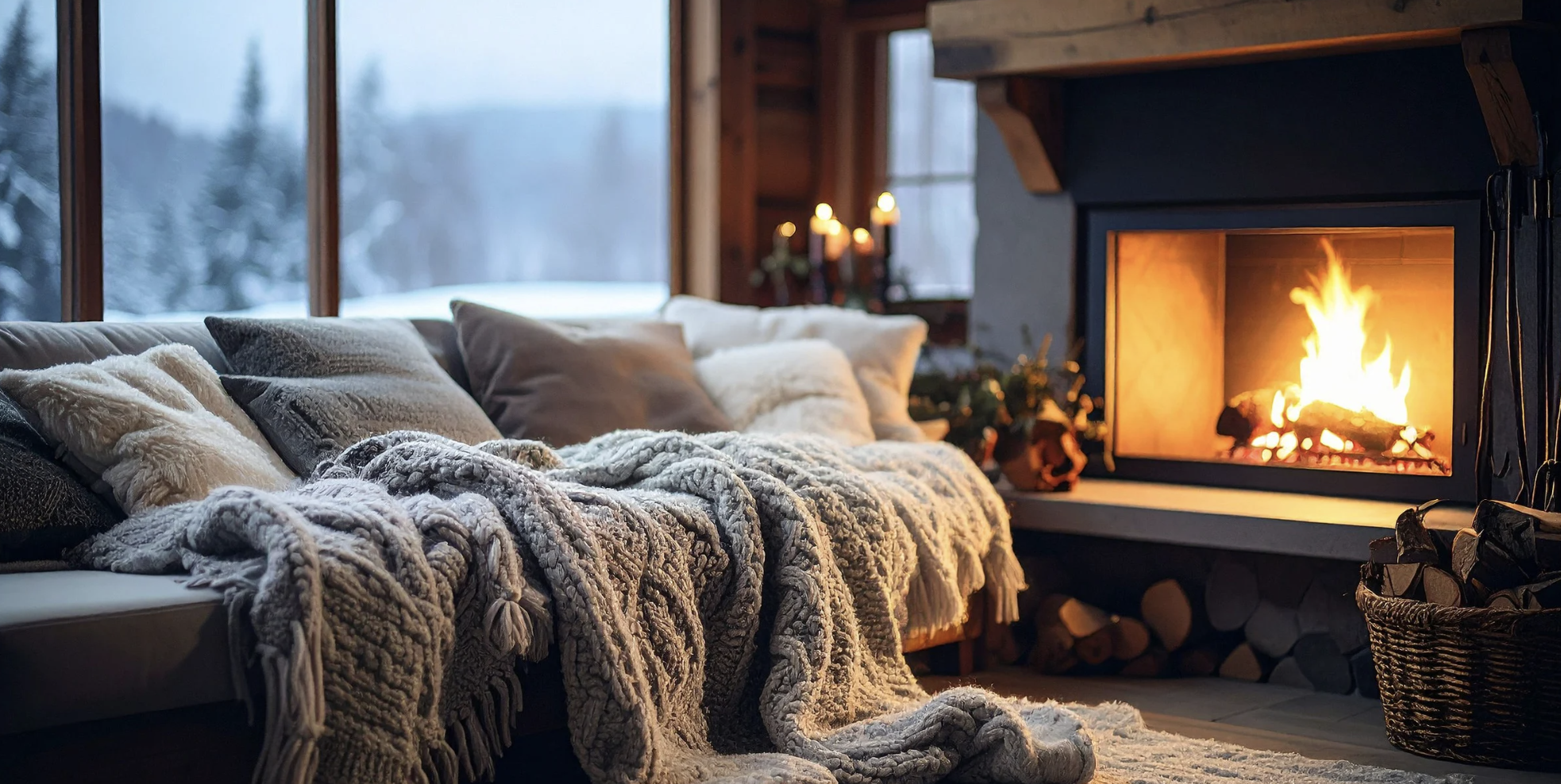 A cozy winter living room with a crackling fireplace, soft blankets, and a snowy view outside the window.