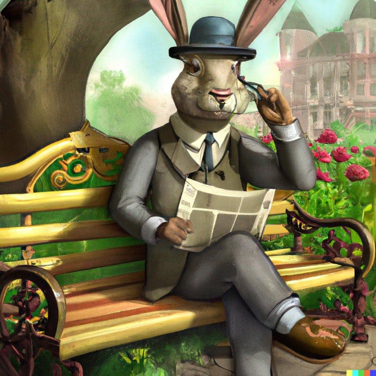 “A rabbit detective sitting on a park bench and reading a newspaper in a victorian setting”