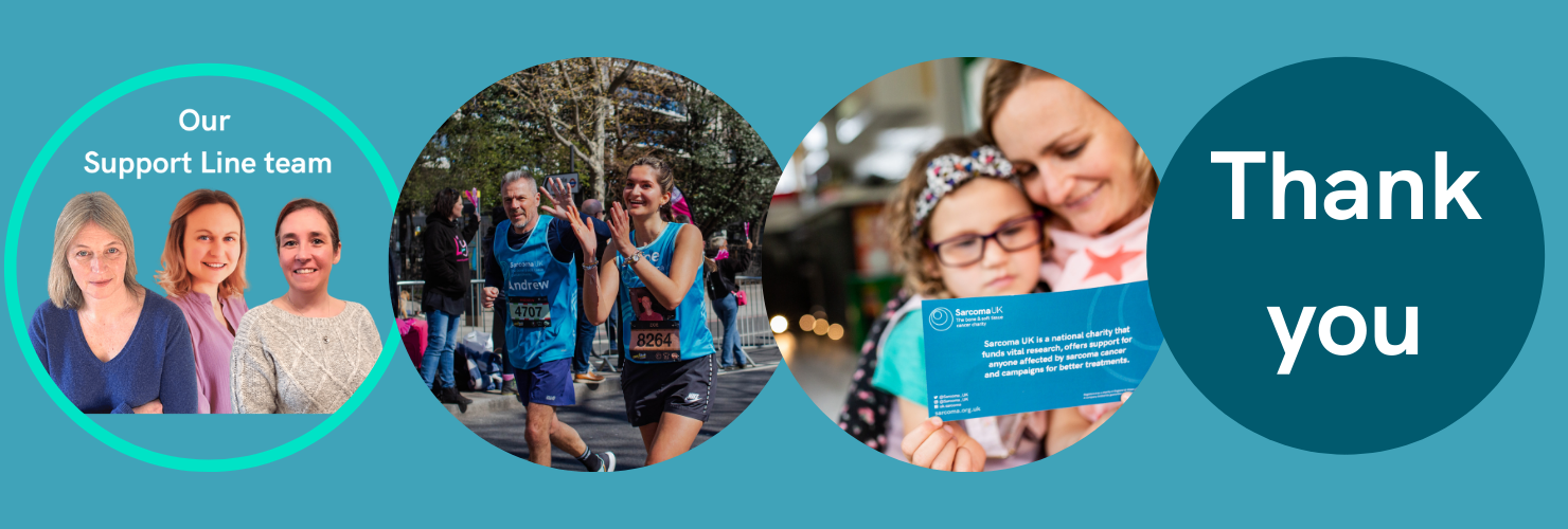 Thank you banner with images of a person giving a speech, a researcher looking into a microscope, and an adult and child hugging.