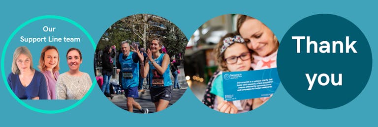 Thank you banner with images of a person giving a speech, a researcher looking into a microscope, and an adult and child hugging.