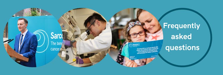 FAQs banner with images of a person giving a speech, a researcher looking into a microscope, and an adult and child hugging.