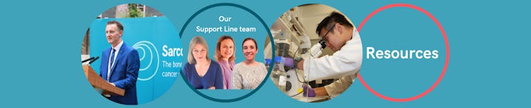 Resources banner with images of a person giving a speech, a researcher looking into a microscope, and an adult and child hugging.