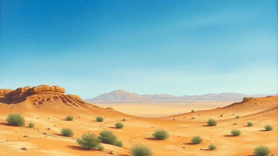 A rugged desert landscape with sparse vegetation under a clear blue sky, featuring a vintage map and compass, evoking historical trade routes and biblical significance.