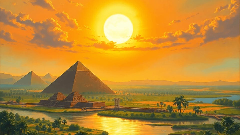 A vibrant oil painting of the Nile River at sunset, featuring ancient pyramids, lush greenery, and hints of trade routes, showcasing the rich history of the Kingdom of Kush.