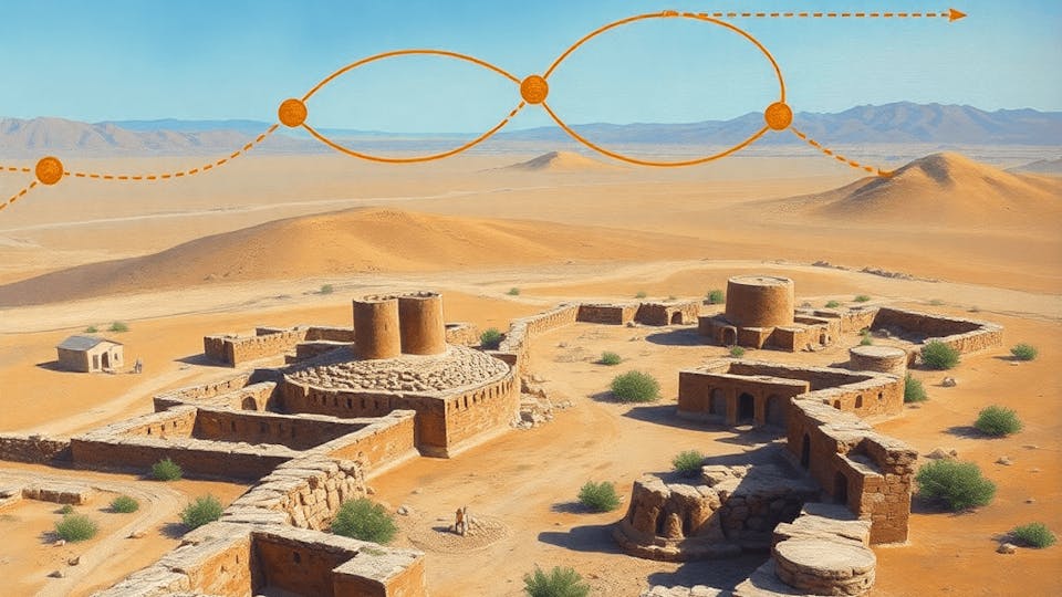 A detailed oil painting of ancient Gerar's ruins, depicting Bronze Age settlement remnants, trade route symbols, and a backdrop of the northern Negev desert.