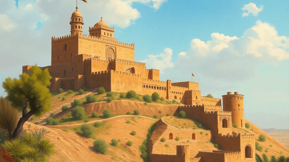 A vibrant oil painting of Erbil Citadel atop a tell, surrounded by lush landscapes and ancient artifacts, capturing its timeless cultural significance and rich history.