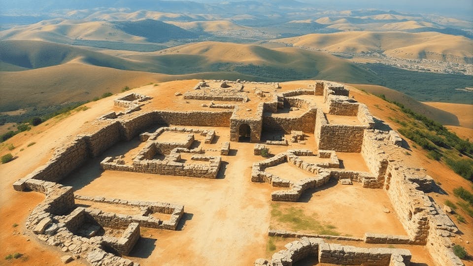 Aerial view of ancient Lachish ruins with pottery shards and stone structures, surrounded by rolling hills, evoking historical significance in an oil painting style.