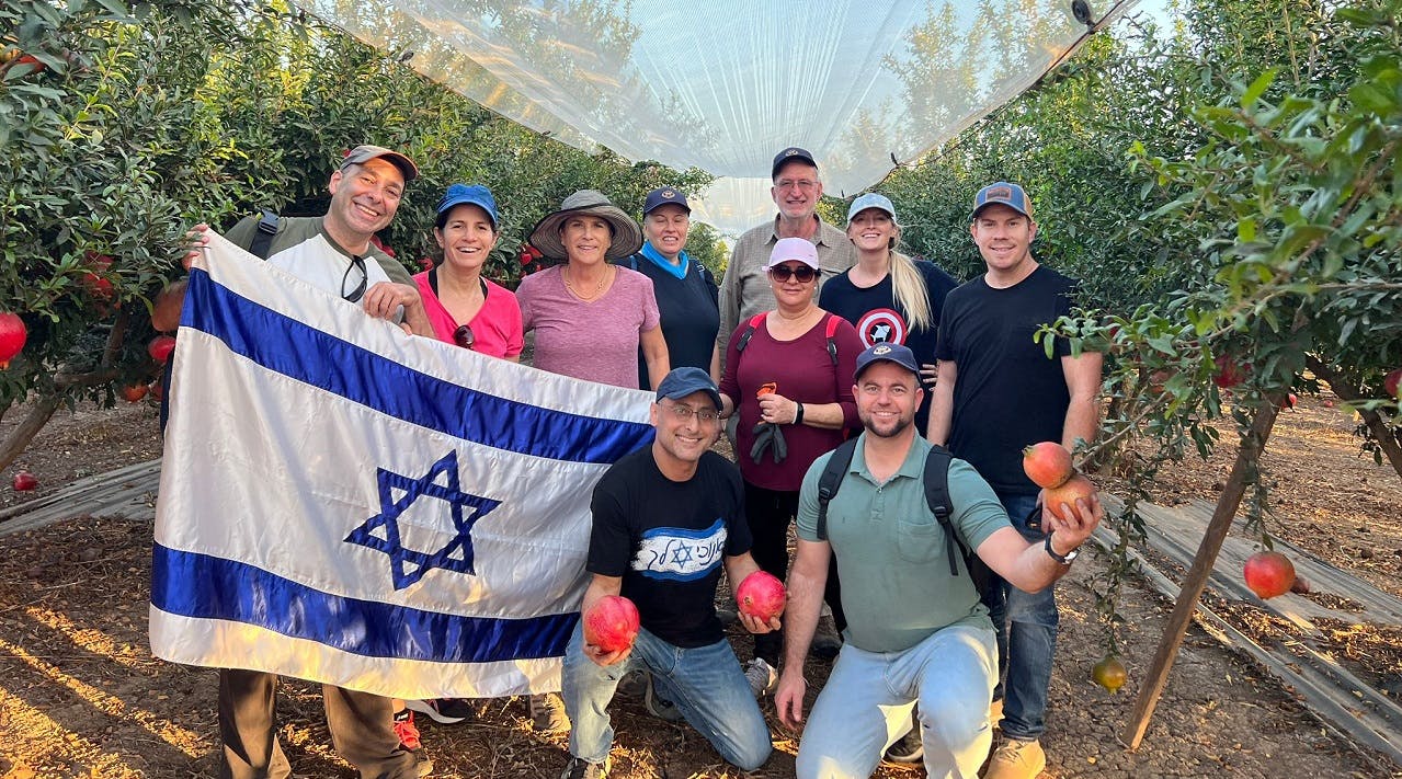Menschen mit Israelfahne und Granataepfeln