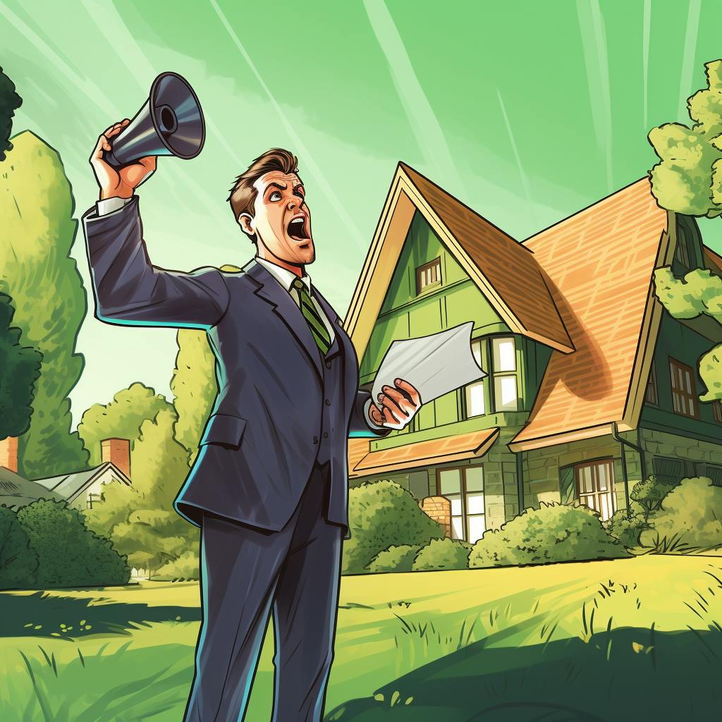 A person with a megaphone outside a house