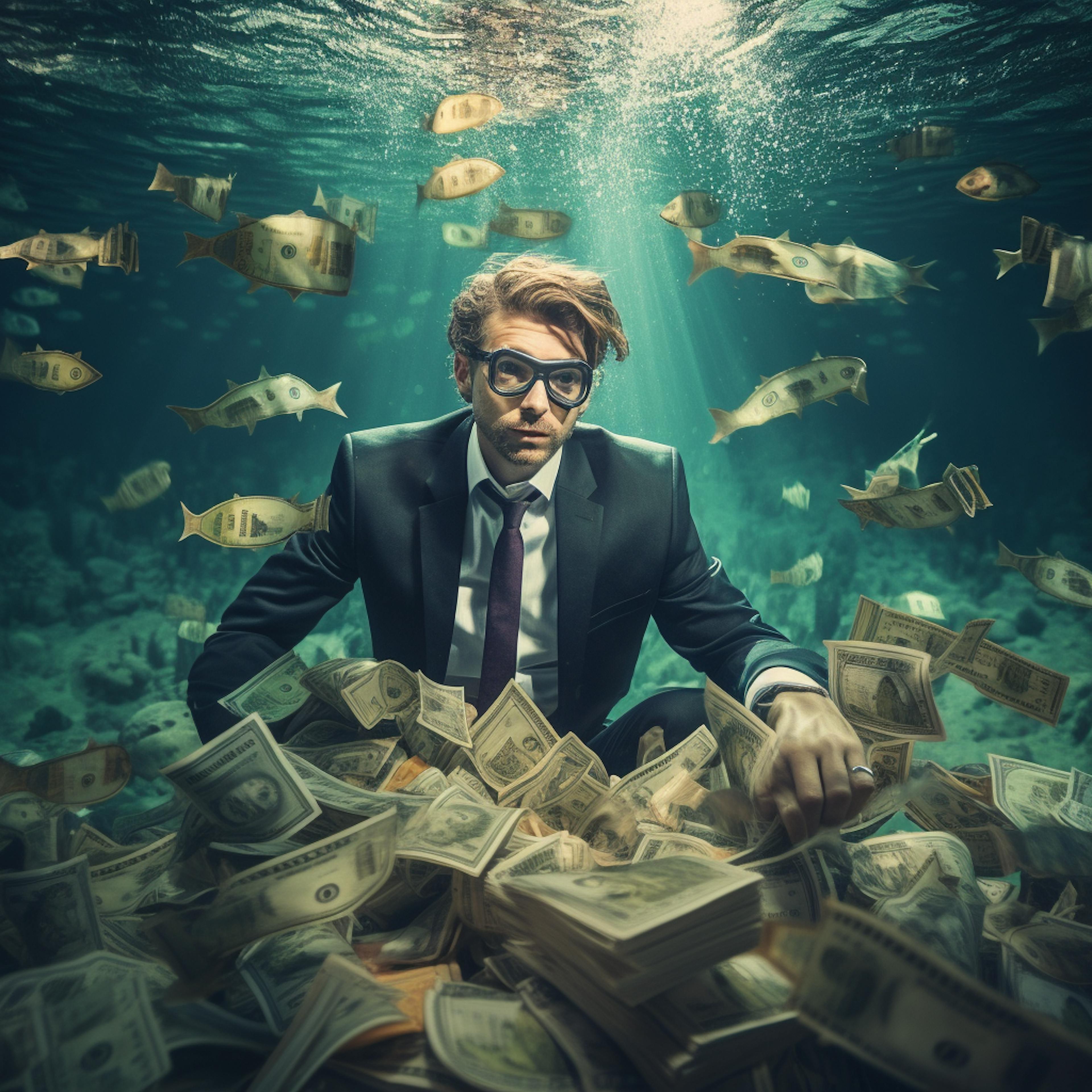 A man in a suit underwater with his money