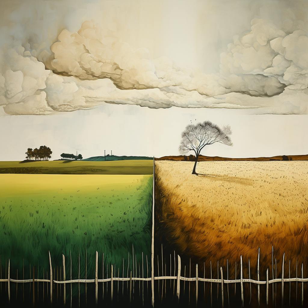 Two fields, one with green grass, one with brown