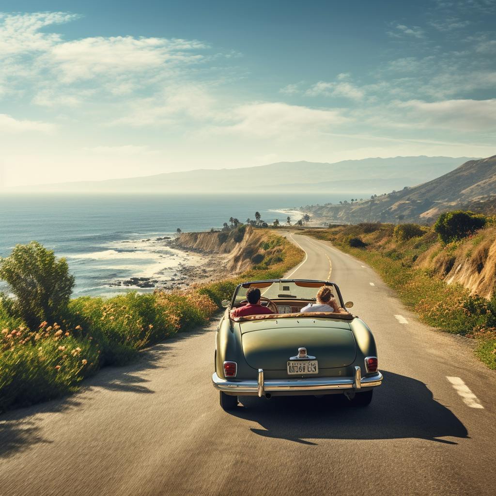 A car driving on a summer road near the ocean