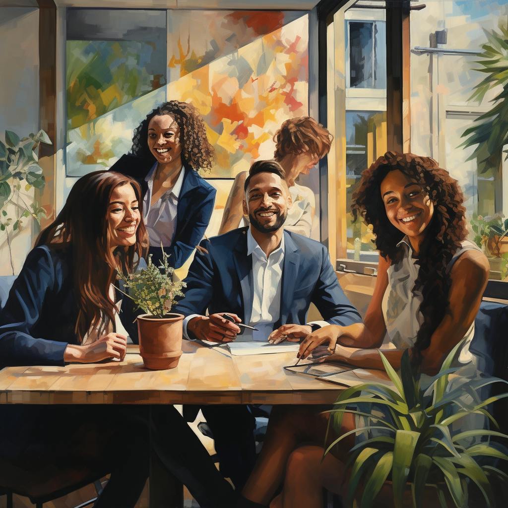 A group of happy people around a table