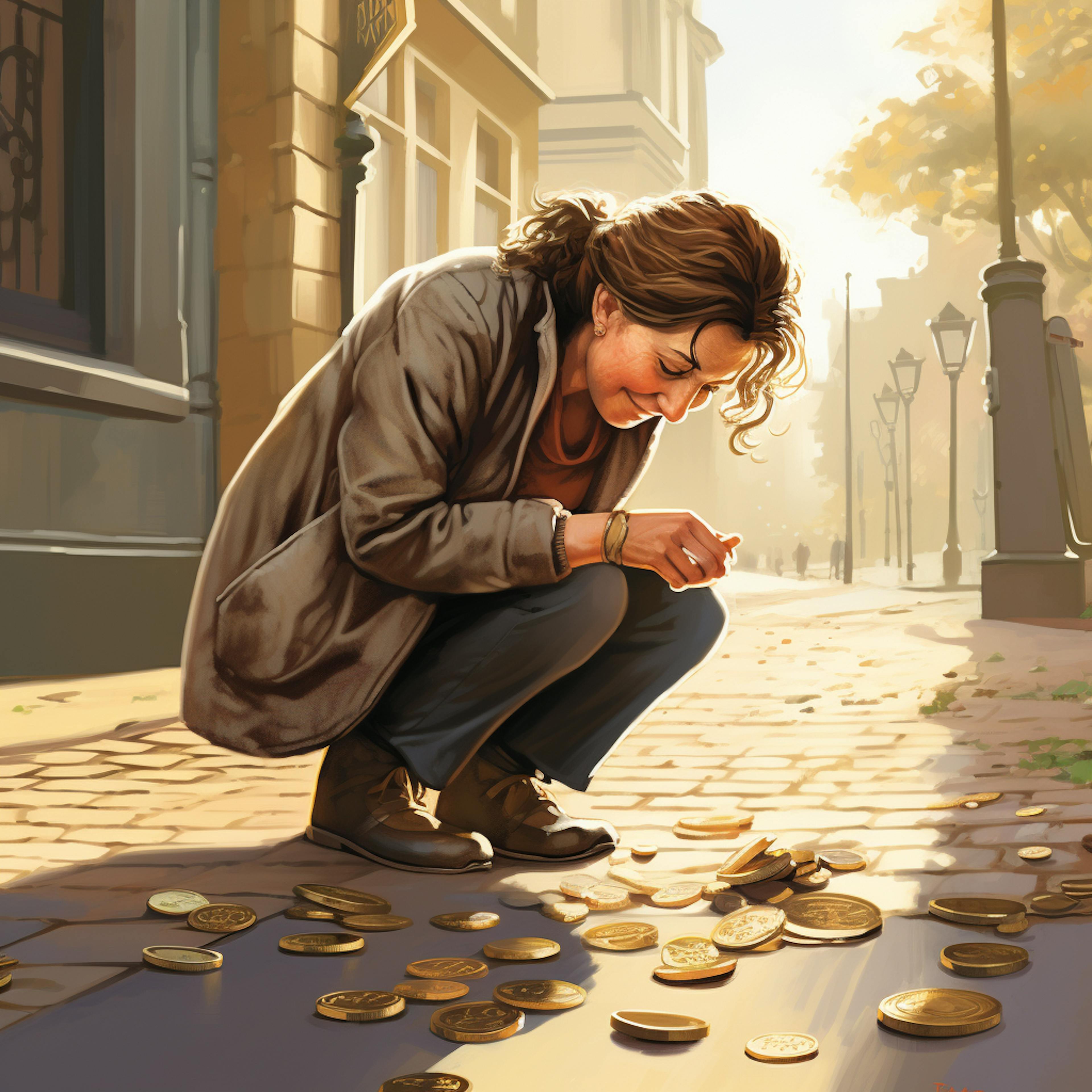 A person bending down for coins on the ground