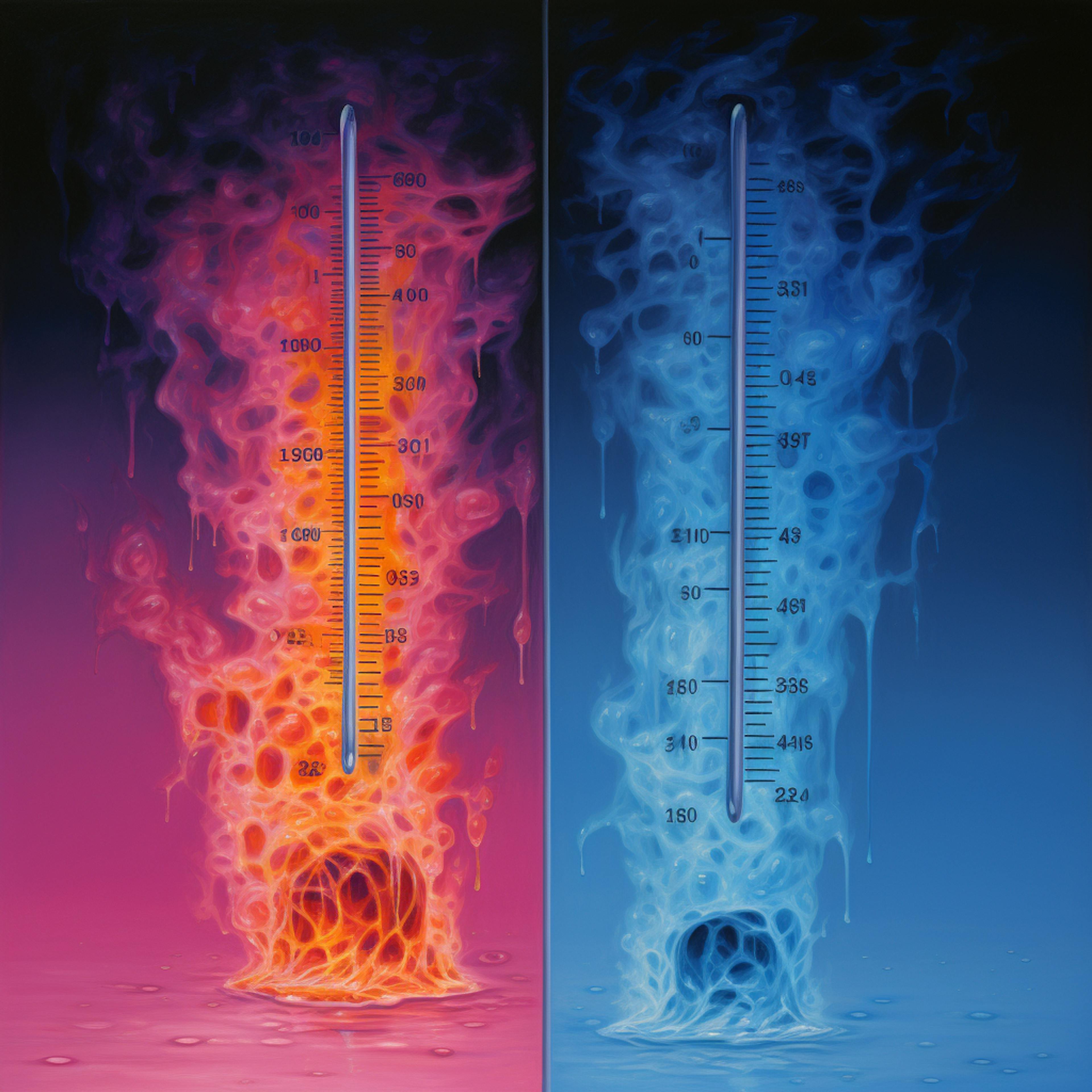 Two thermometers, one hot, one cold 