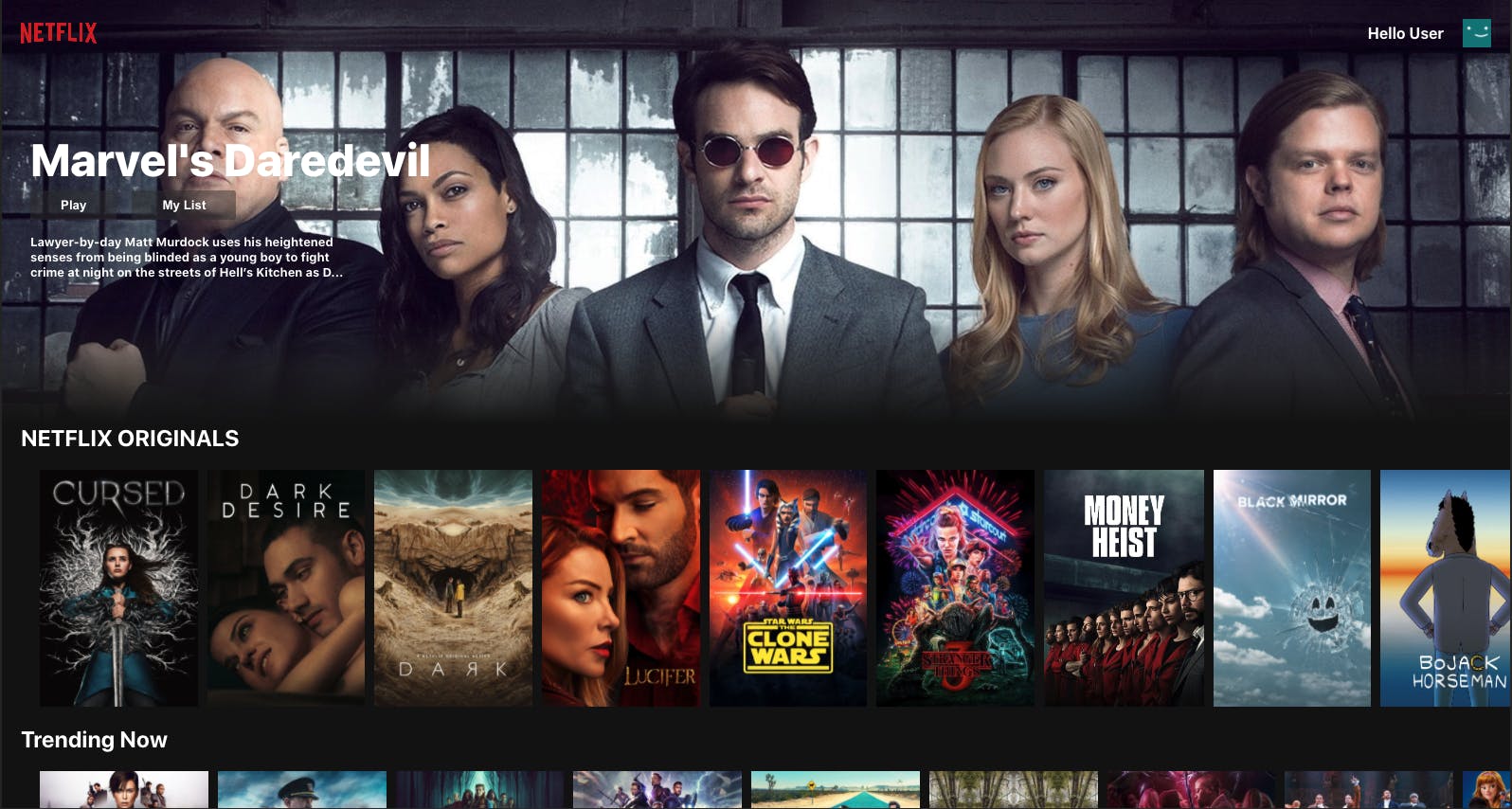 Netflix clone homepage showing a spotlight movie along with horizontal lists of categorized movies and shows
