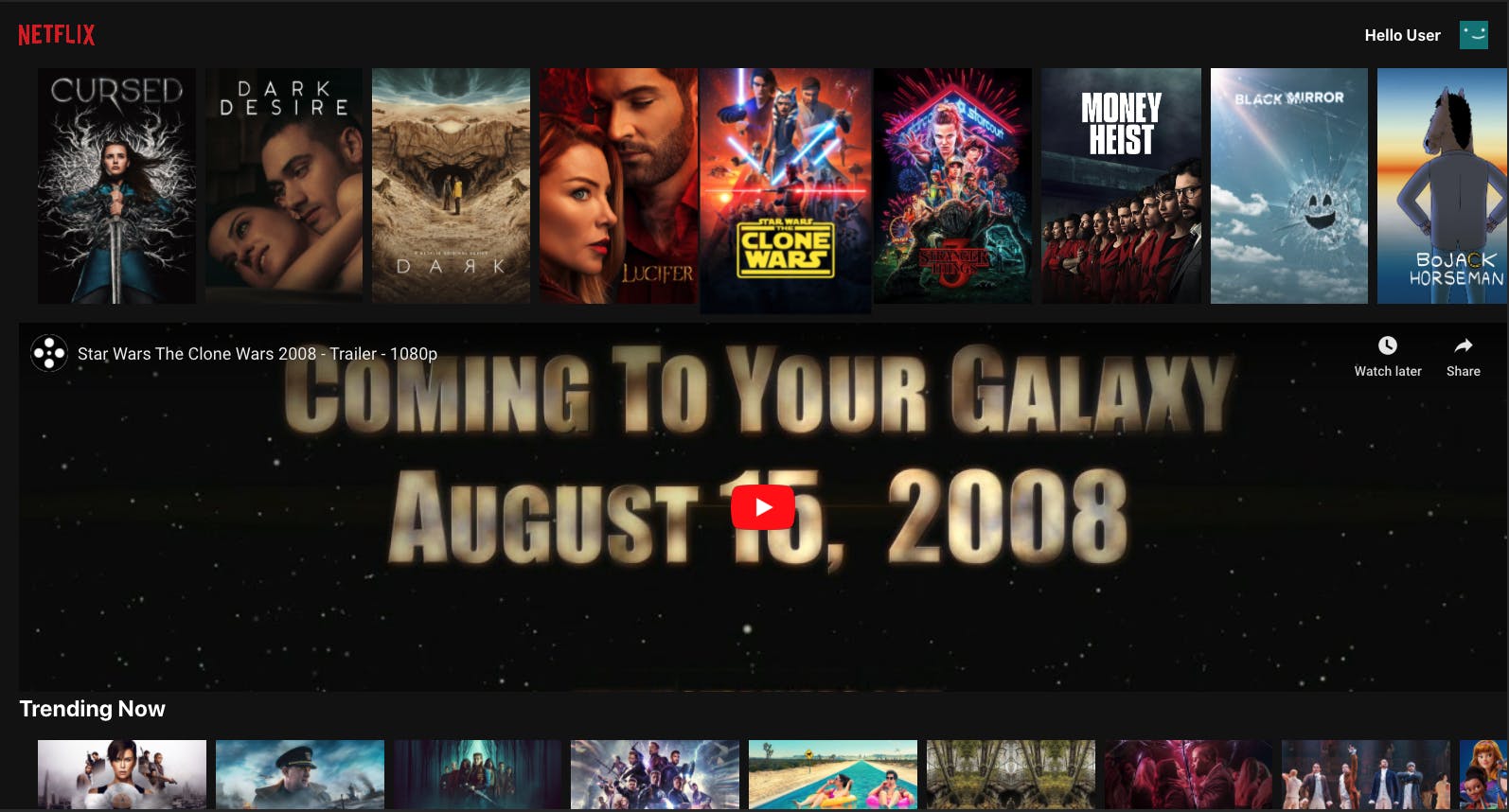 Netflix clone site showing listings and a selected trailer