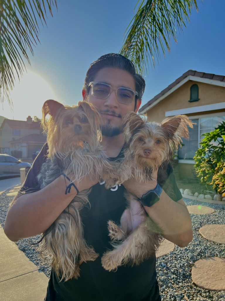 Saul holding two yorkshire terrier dogs.
