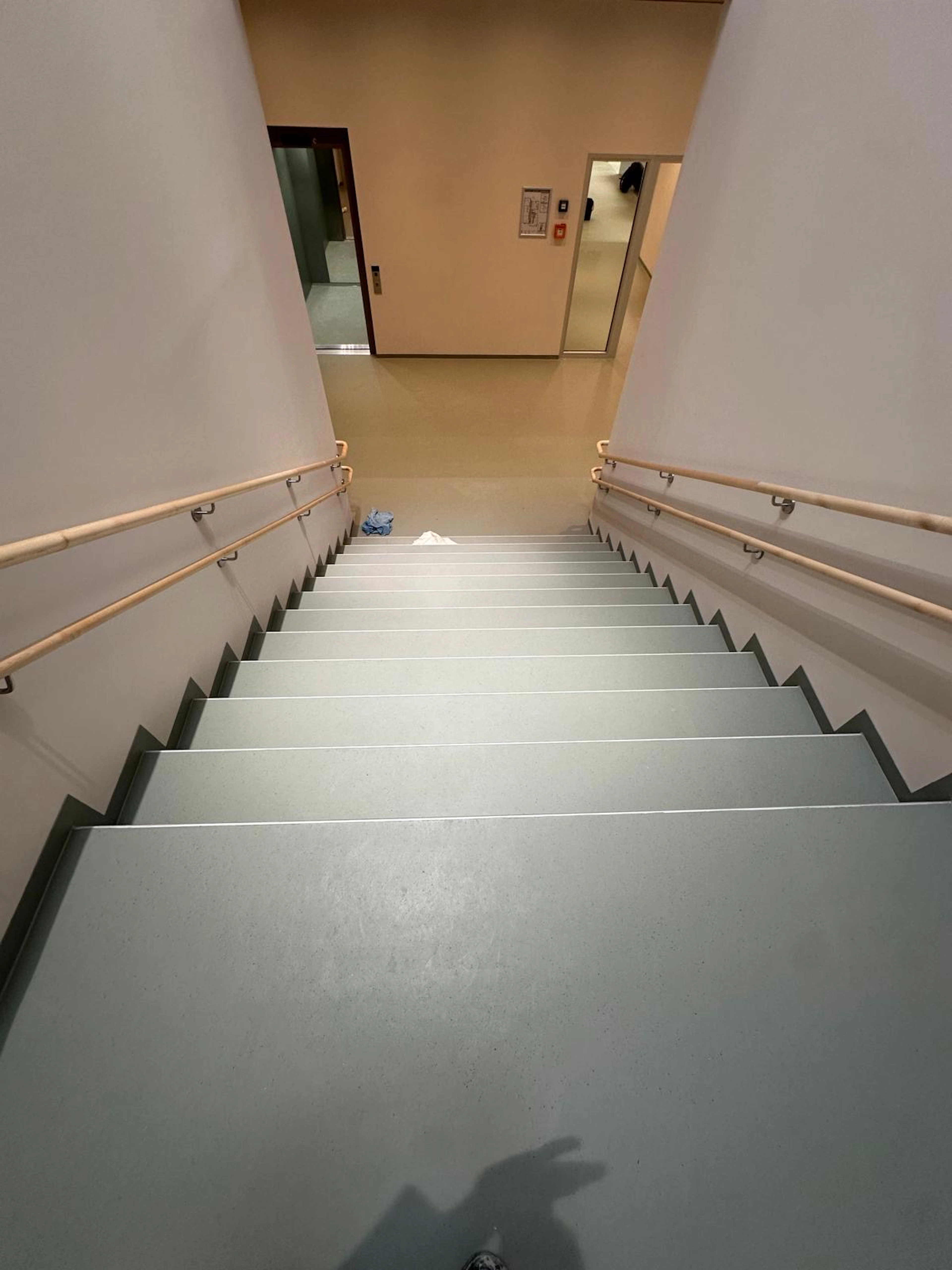 Treppenhaus mit grauem Bodenbelag und doppeltem Handlauf aus hellem Holz