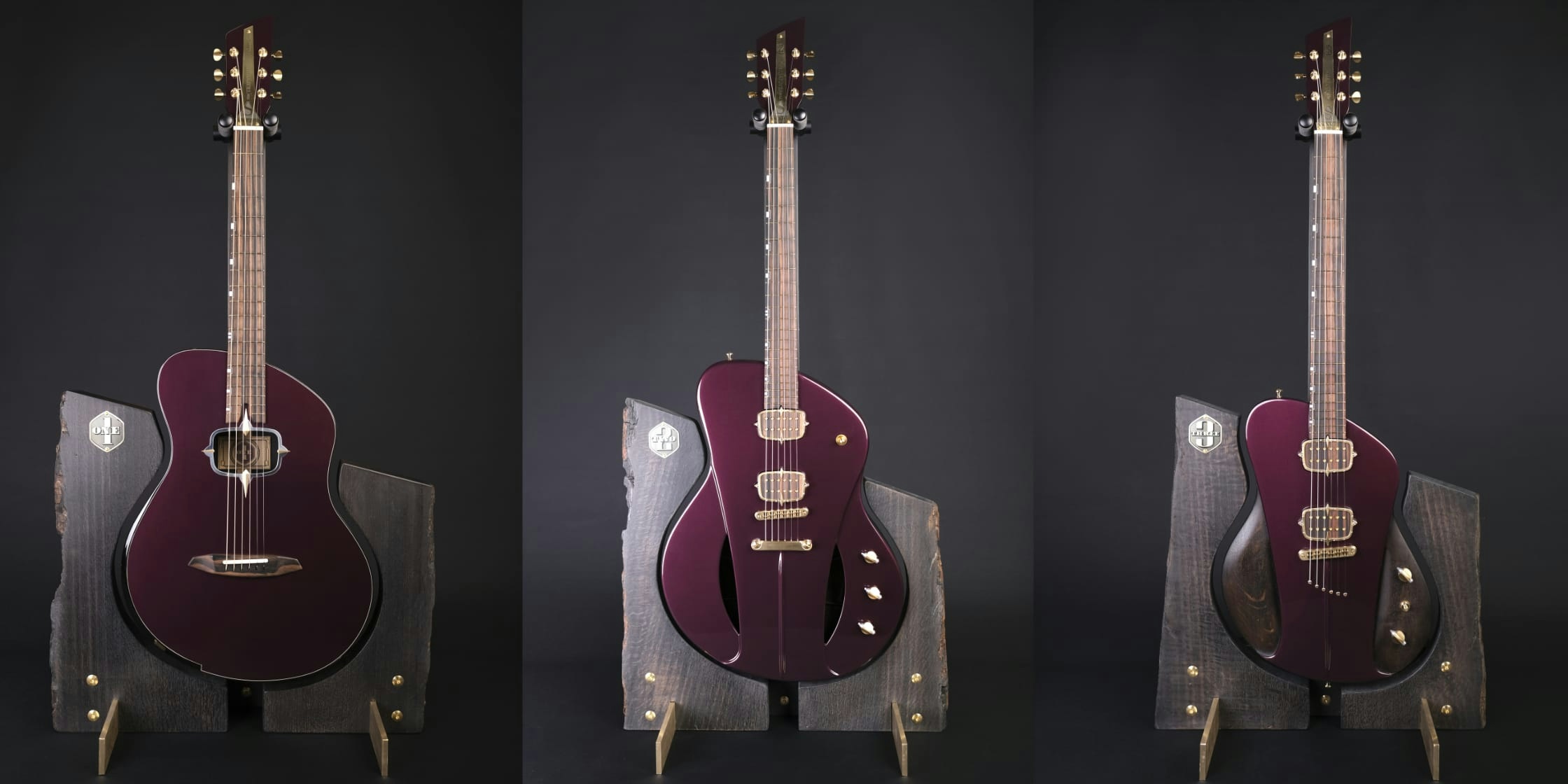 All Sauvage Tr3ptych guitars on stand