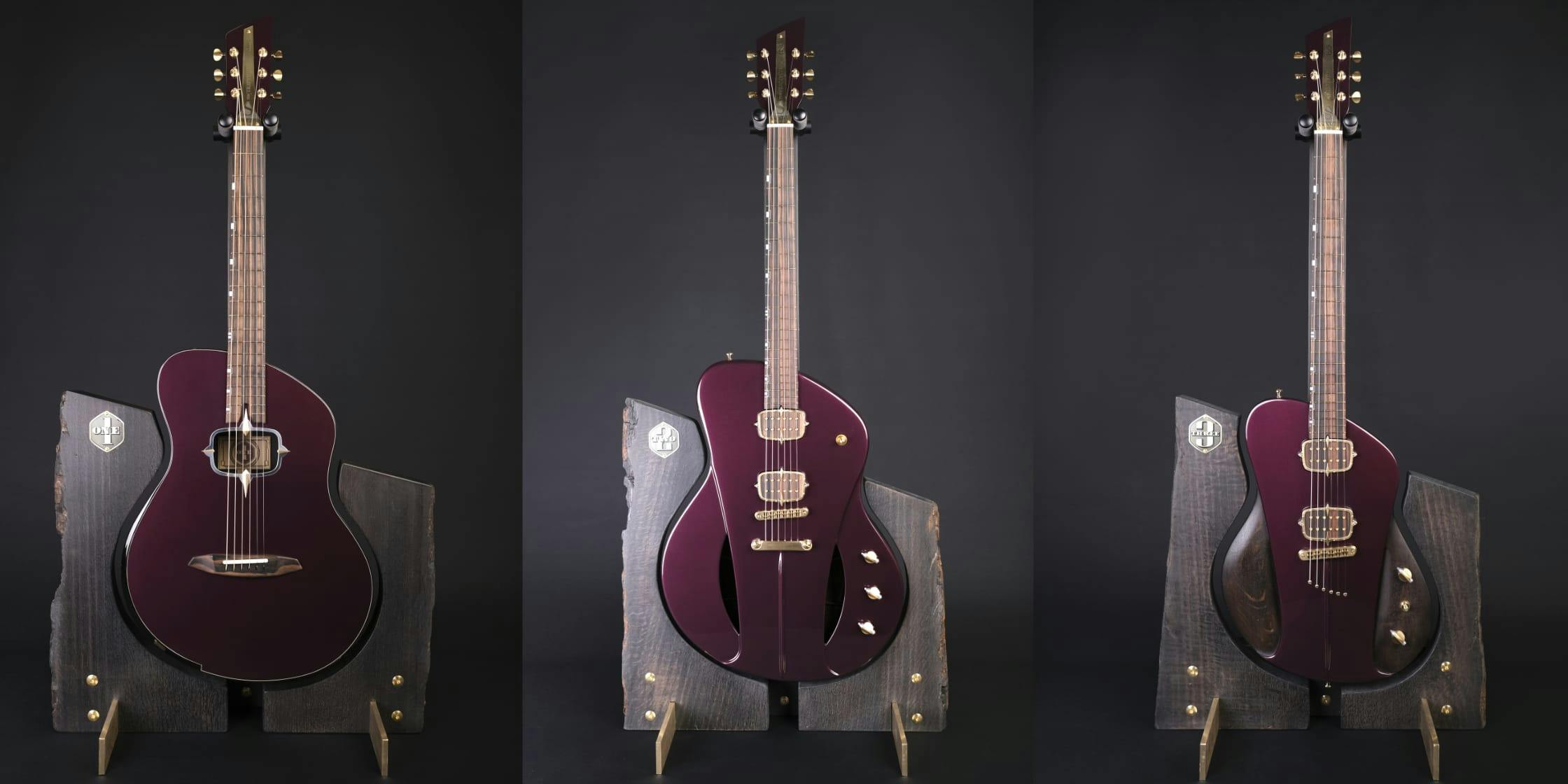 All Sauvage Tr3ptych guitars on stand