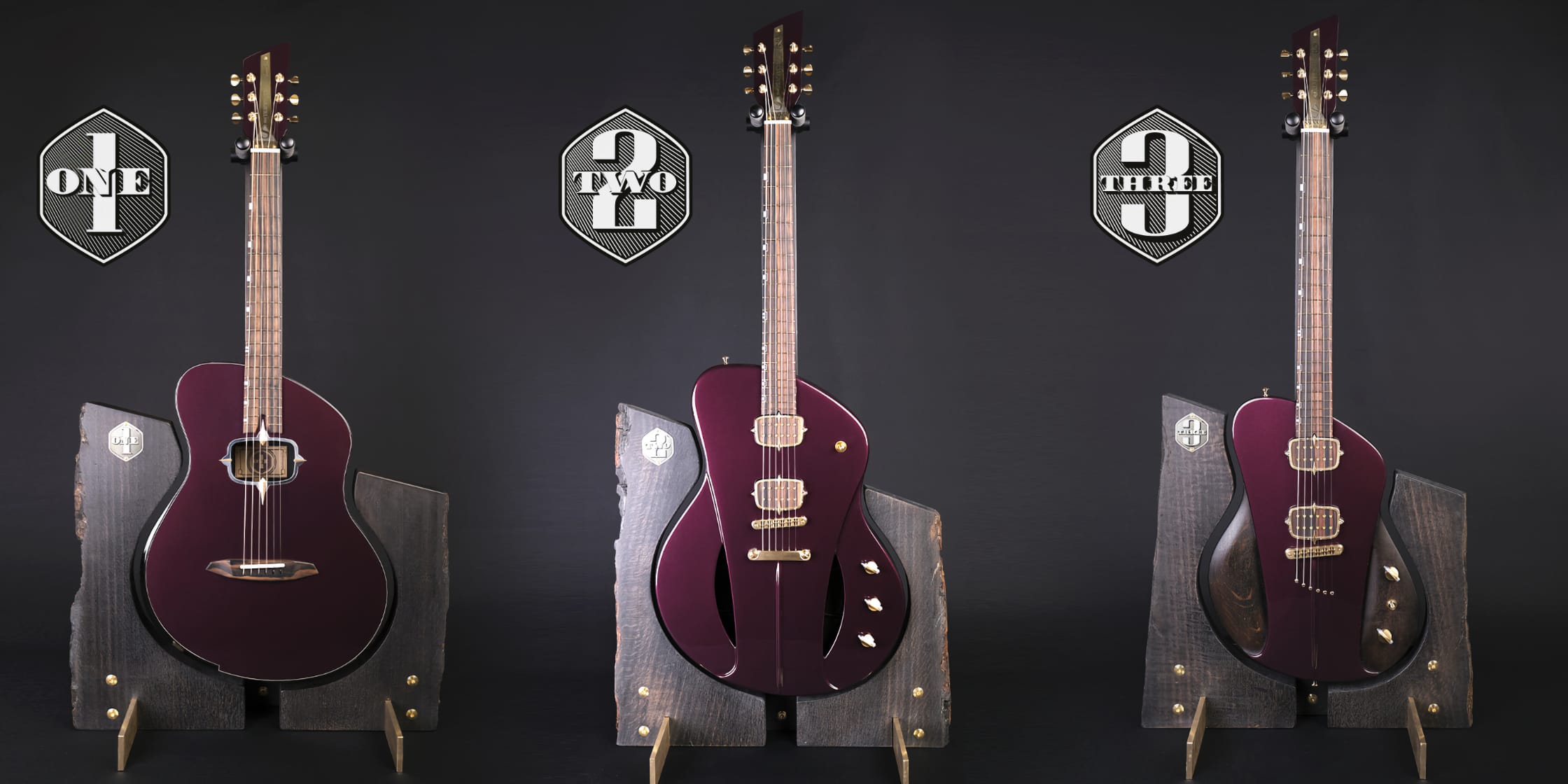 All Sauvage Tr3ptych guitars on stand