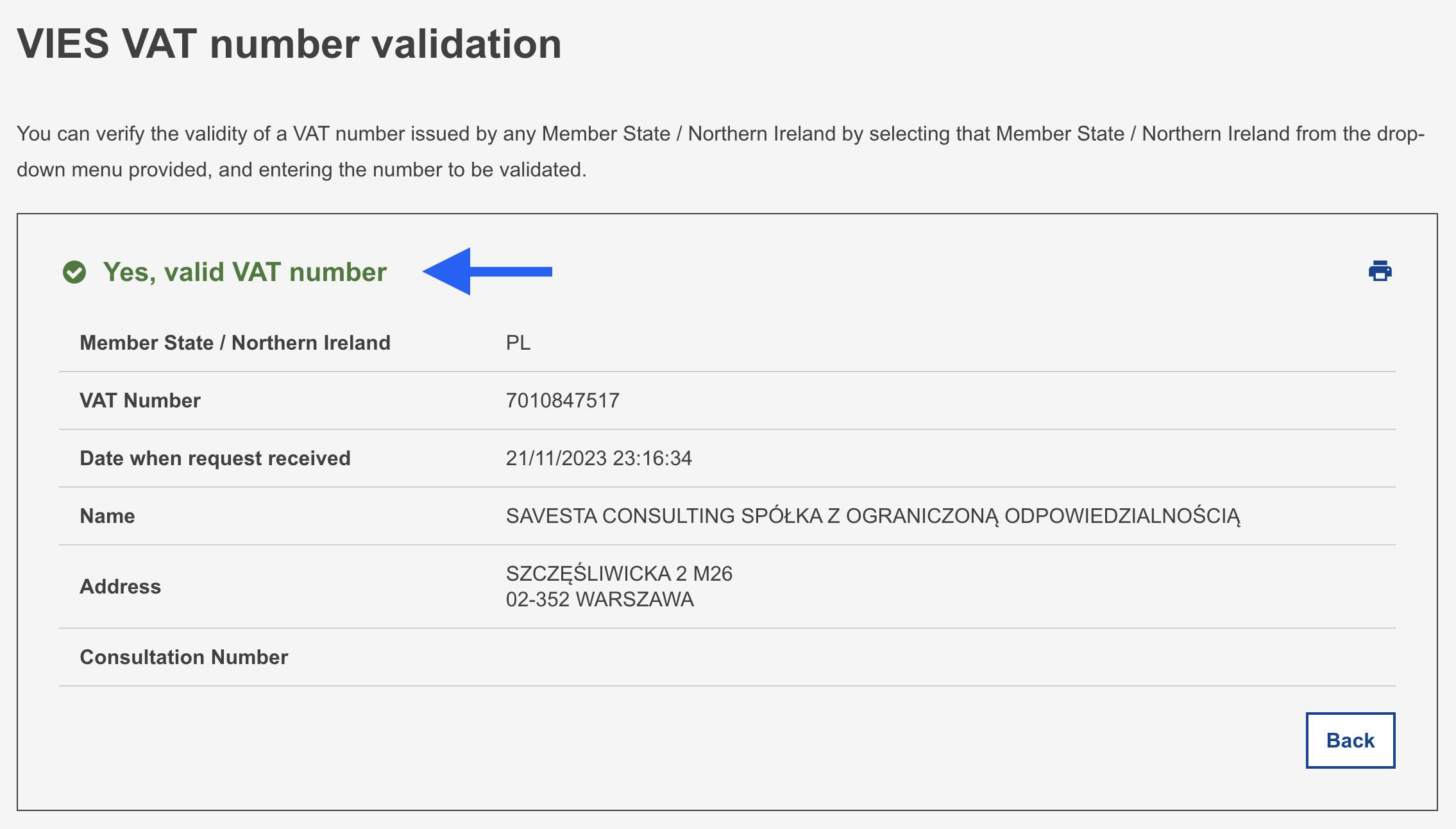 Positive VIES VAT verification result