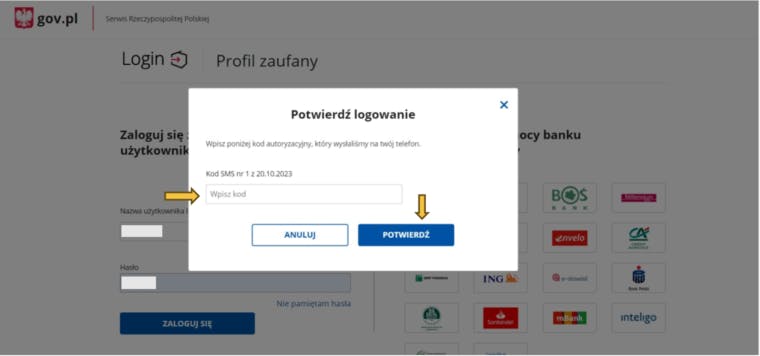 Profil Zaufany sms kodo įrašymo langas