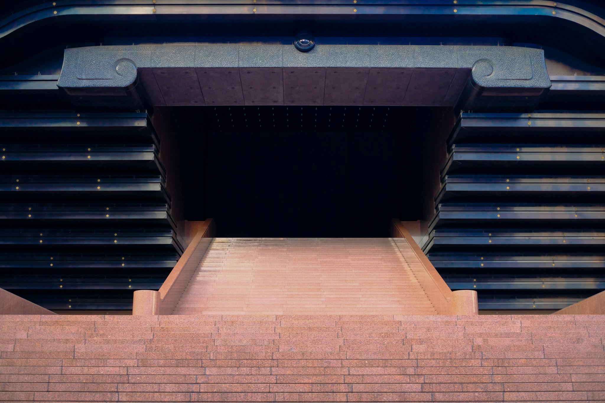 The front entrance of Takenaka Corporation's spaceship-like Reiyukai Shakaden Temple in Tokyo