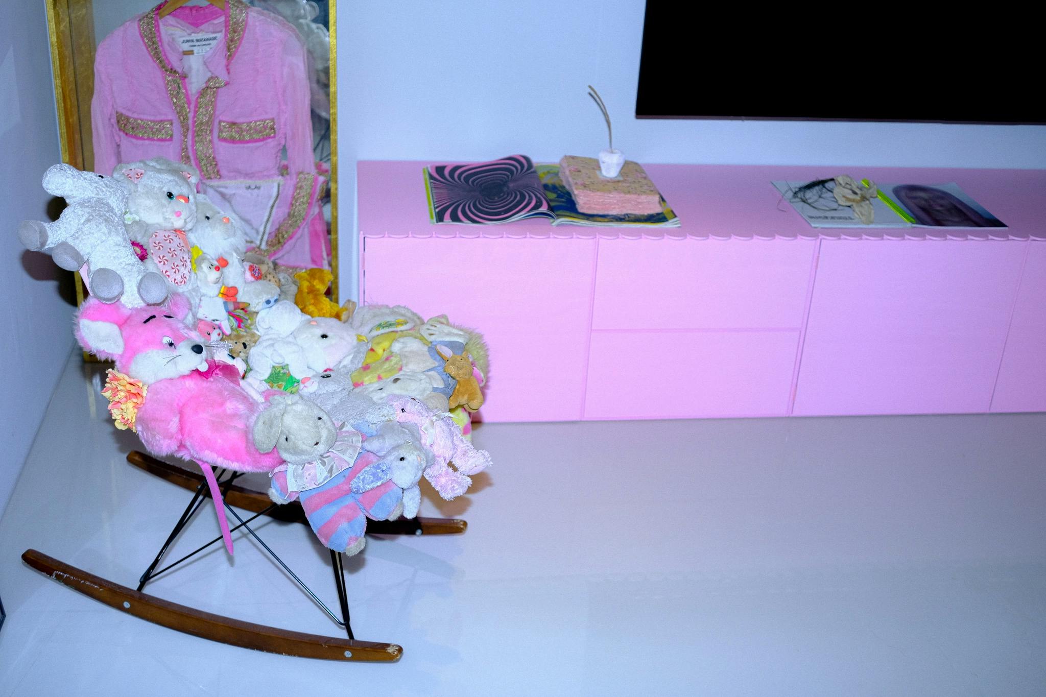 A chair made from Megumi's daughter's childhood stuffed animals in her Tokyo home