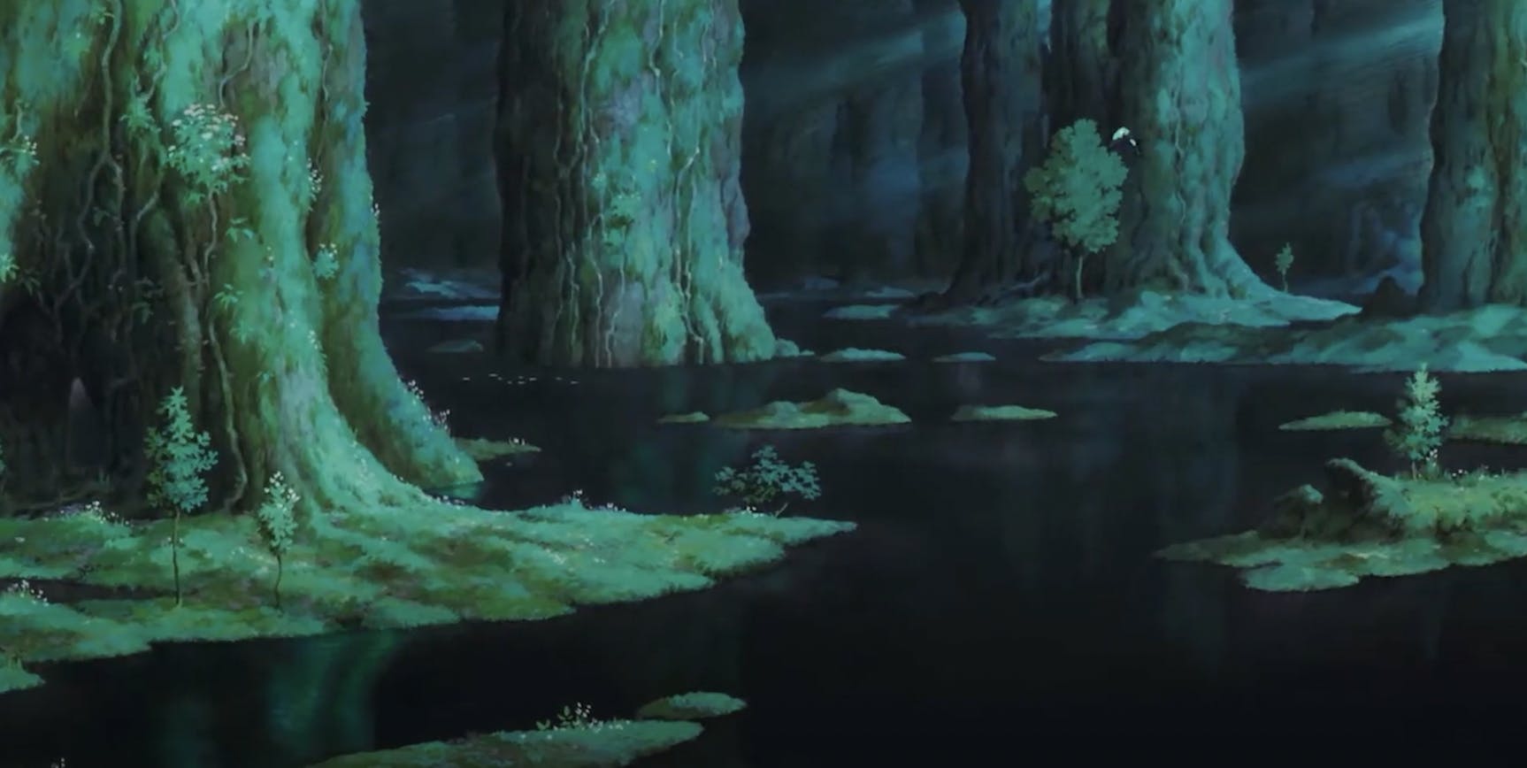 A still from Studio Ghibli's 'Princess Mononoke' with the enchanted wetlands and cedar forest which was inspired by Yakushima Island