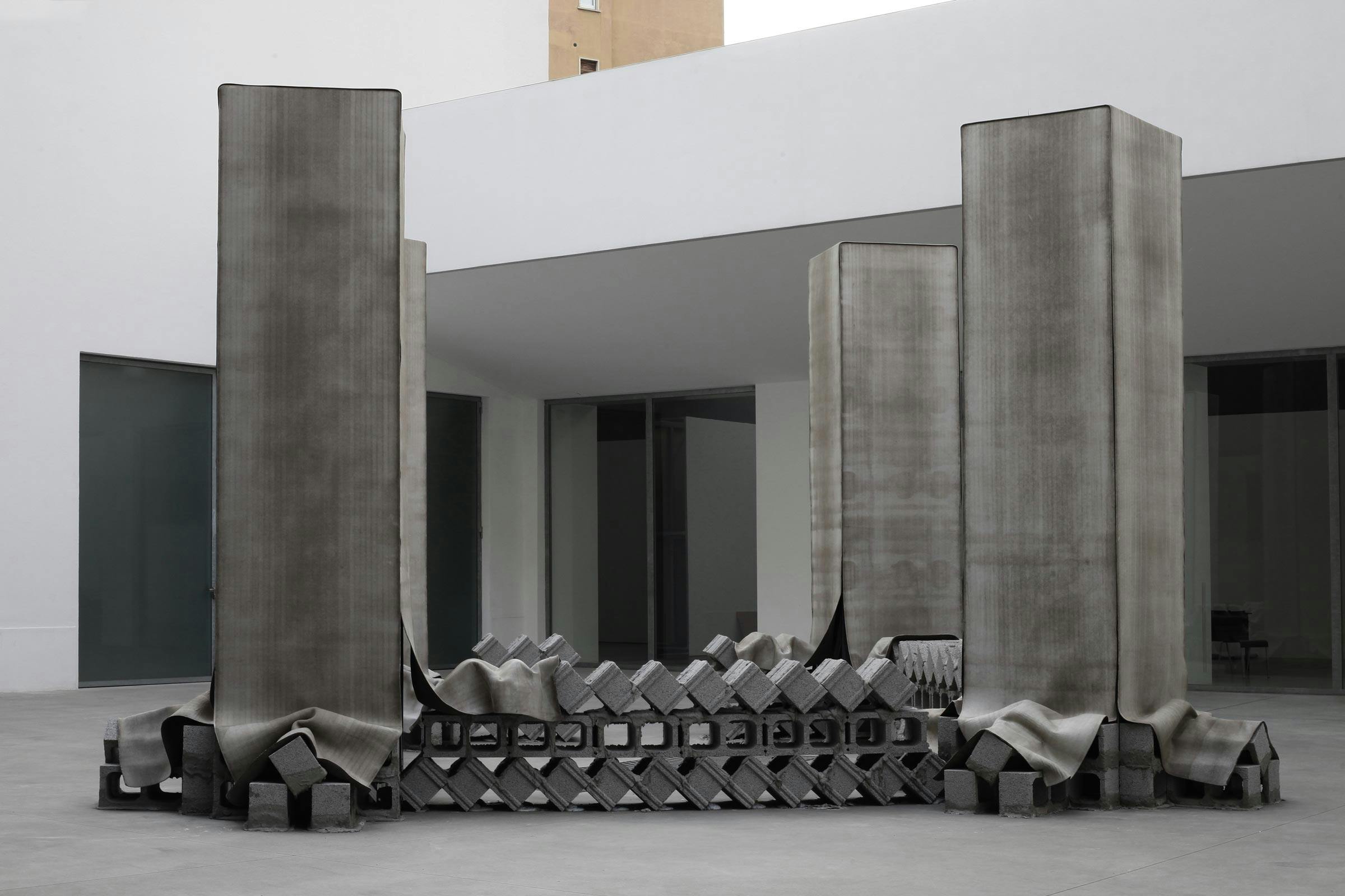 Marc Leschelier's Cement and Cinderblock Outdoor Installation 'Demon' at Spazio Maiocchi in Milan, Italy, 2022