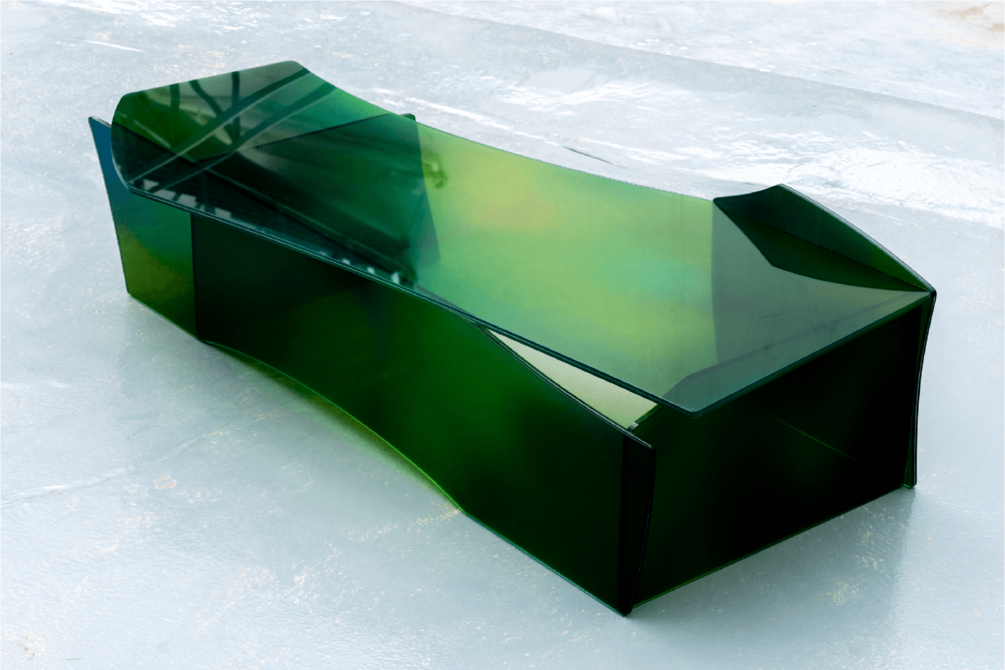 Green ombre glass table by Studio Cha Cha in the 'Archetypes' Group Show at Alcova Milan during Milan Design Week, 2021 