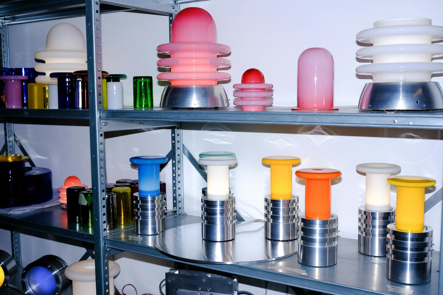 Lighting Designer Benoit Lalloz's Mycelium table lamp and Pink Bulb luminaires in his Paris Studio | Photo by Kristen de La Vallière