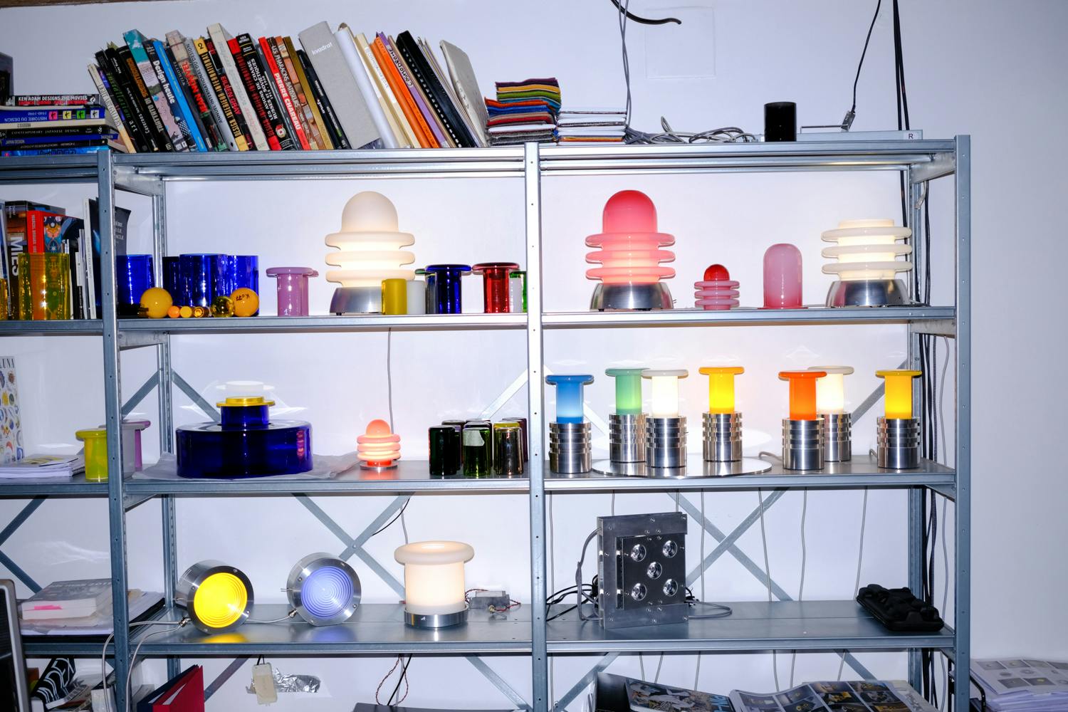 Lighting Designer Benoit Lalloz's Mycelium table lamp, Pink Bulb luminaires, SF-180 table lamp and Diapason lamp for Celine in his Paris Studio | Photo by Kristen de La Vallière