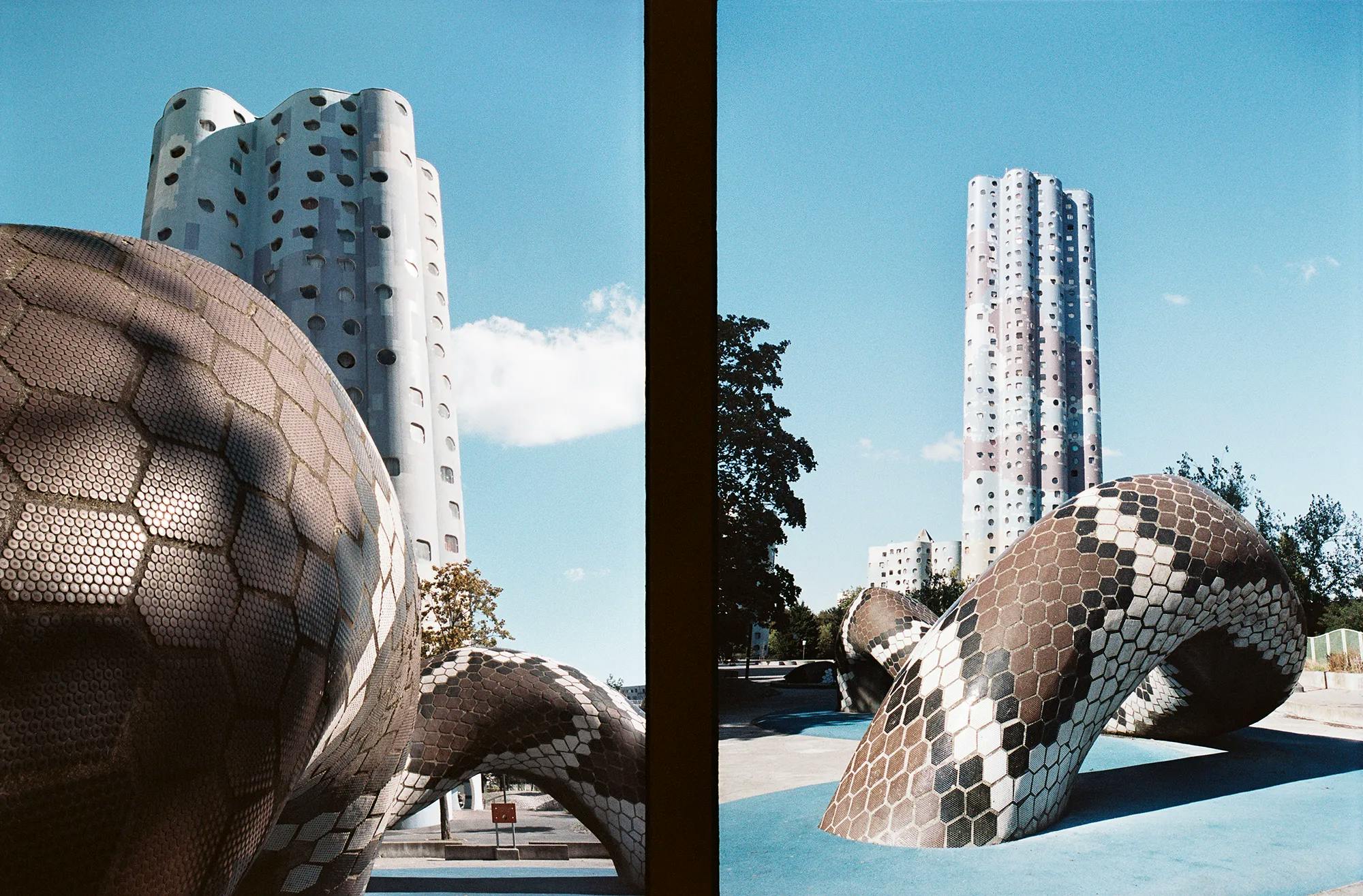 The Aillaud Towers feature a thoughtfully designed communal space that includes a playground and other community amenities, fostering a sense of community among residents. The snake shaped sculpture that constitutes a large part of the playground area near the highest towers was designed by the architects daughter, Laurence Rieti.