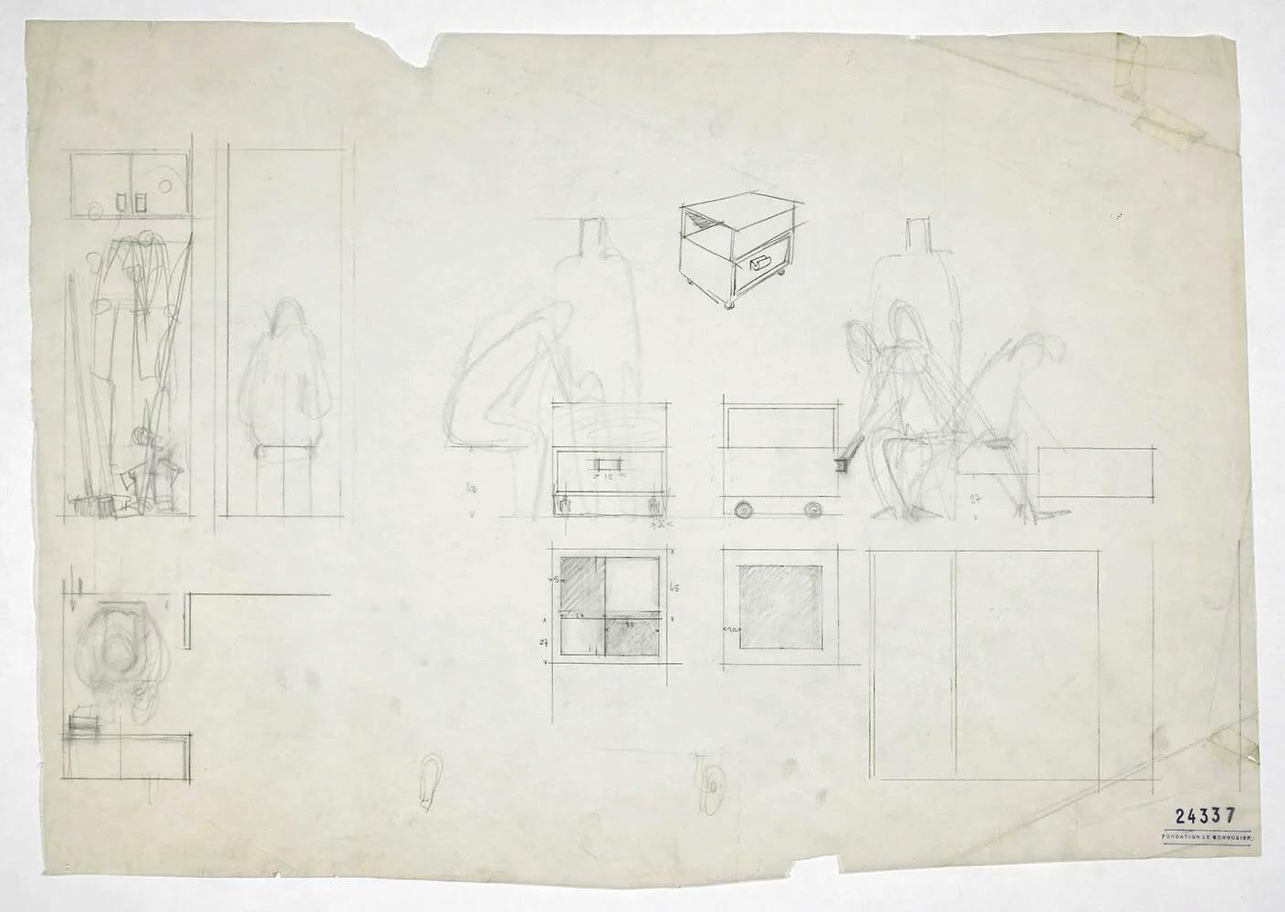 Various study: Plan elevation, section, perspective of WC, wardrobe and table with silhouettes and ratings.