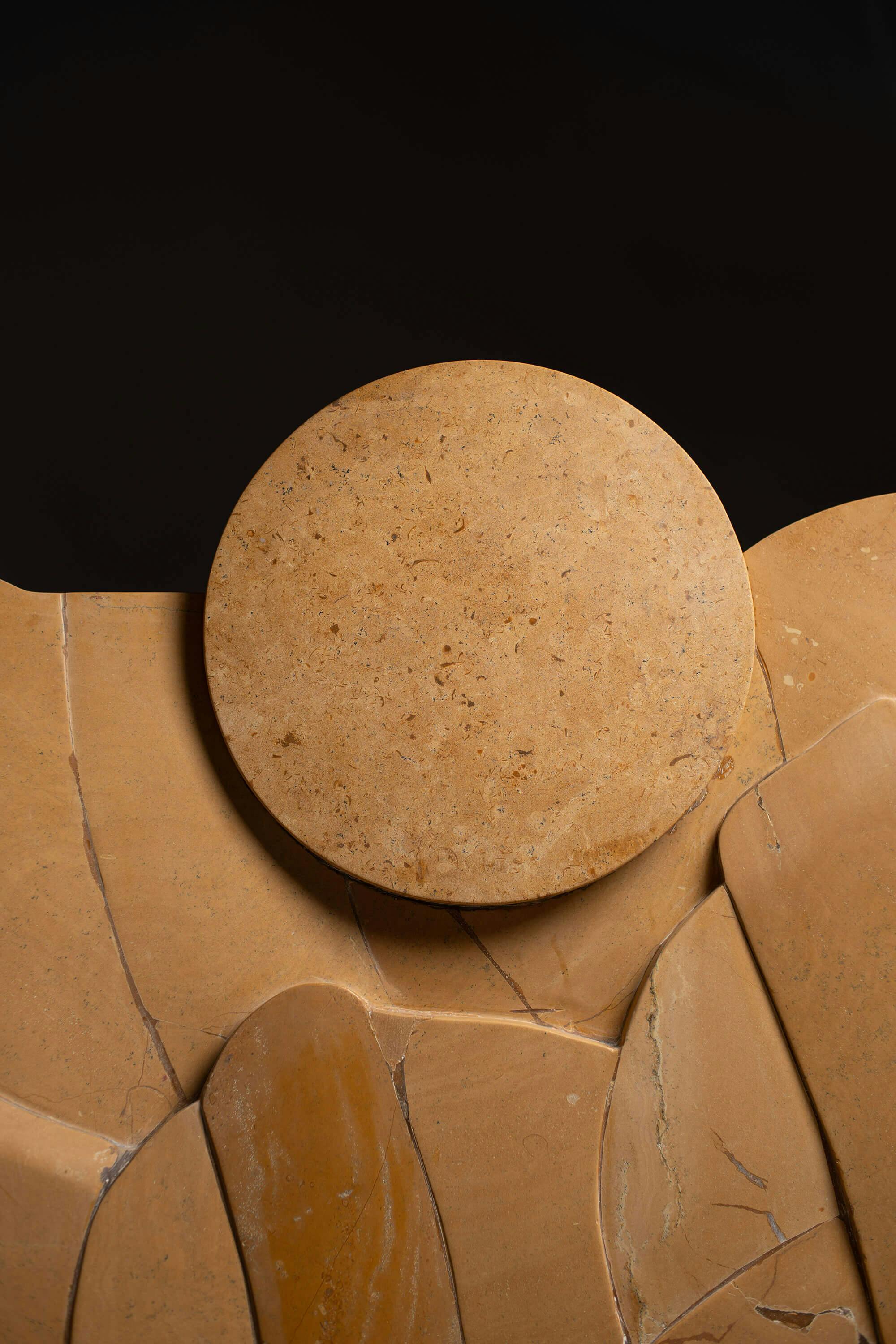 Closeup of Rural Design Studio Raw Material's Collectible Furniture Design Series Khokhar Seat made with marble offcuts