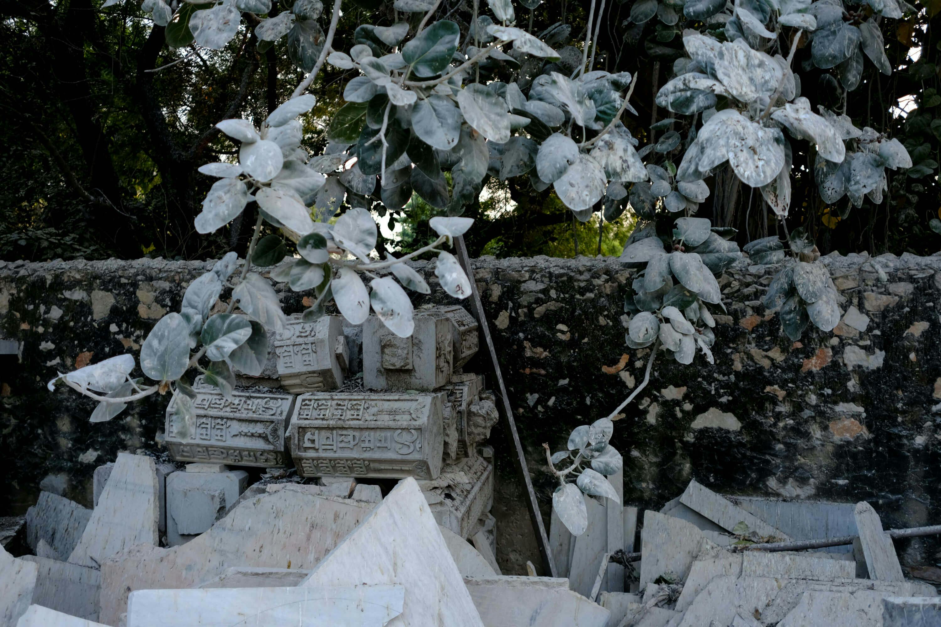 Stone objects covered in dusk from the marble quarry at Studio Raw Materials workshop in Makrana Rajasthan India