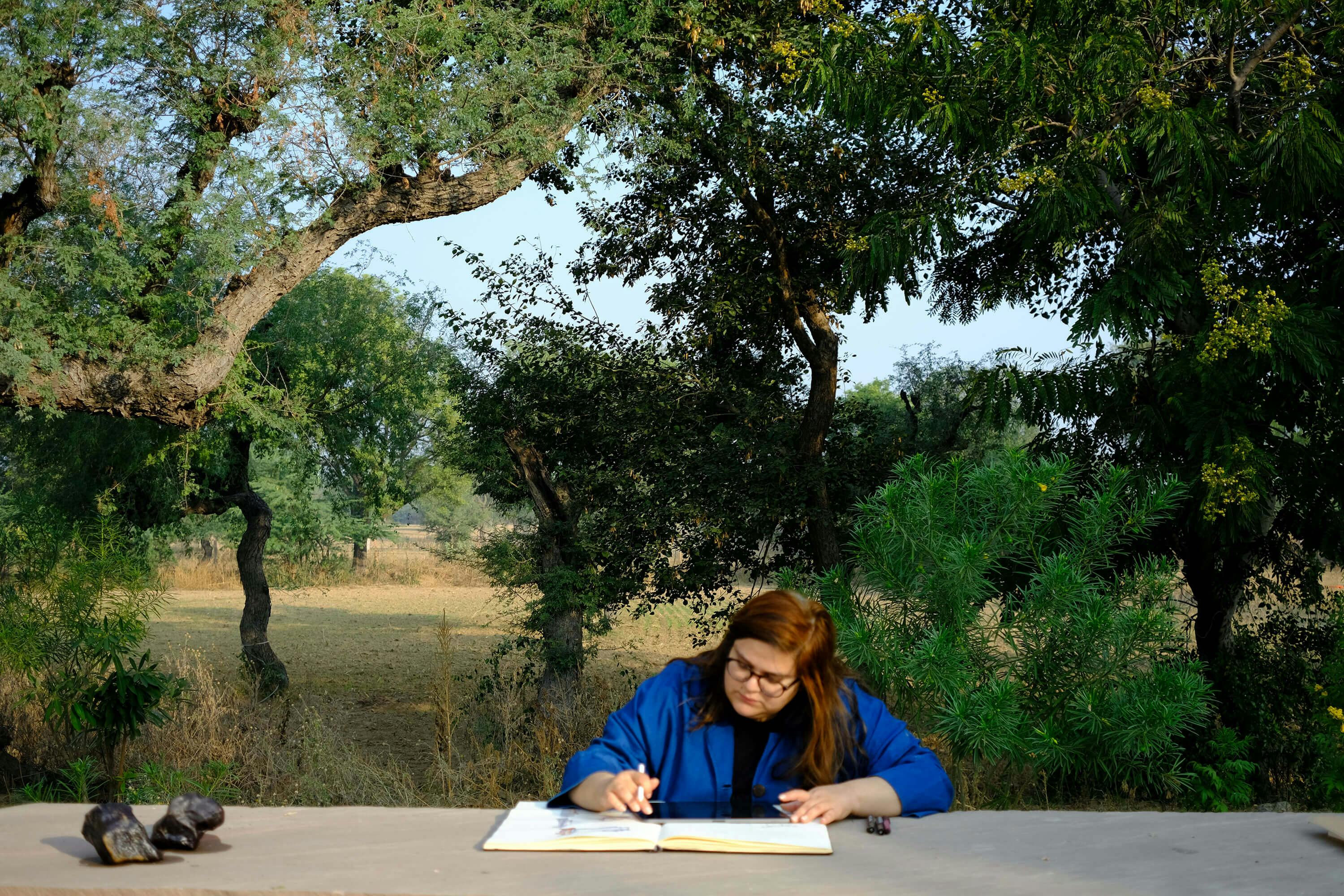 Priyanka Sharma sketching at Studio Raw Material's Makrana House in Rajasthan India