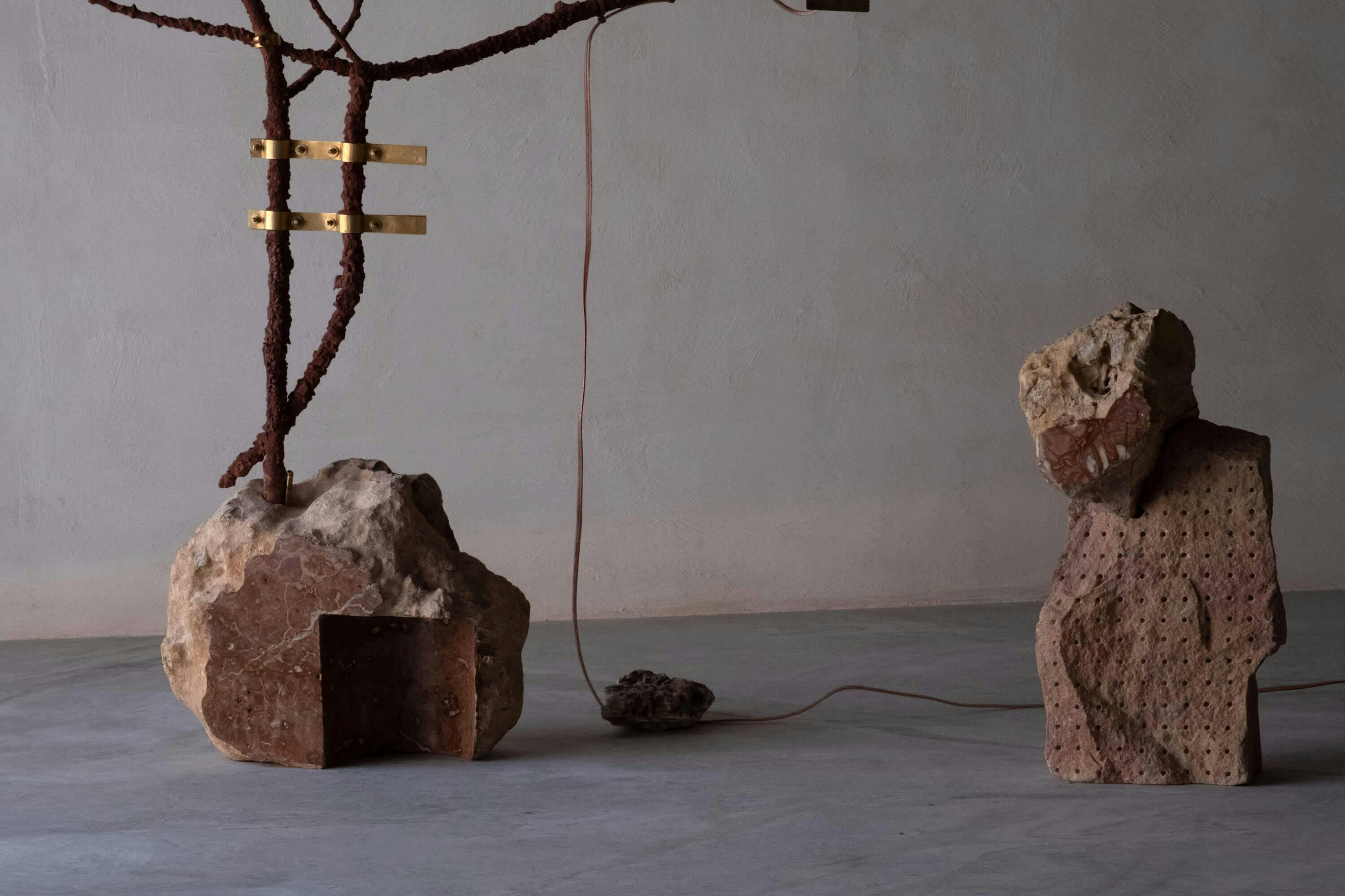 Closeup of collectible furniture designed by Studio Raw Material at Alu La Residency in Saudi Arabia