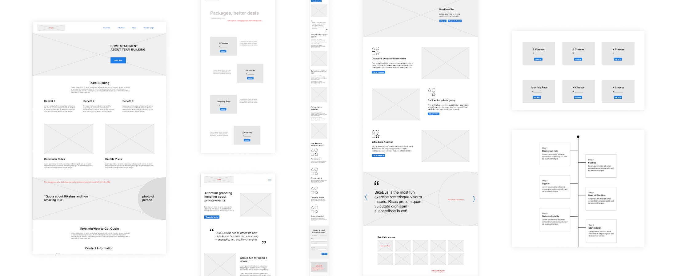  Various images of lo-fi wireframes for the end website on a white background