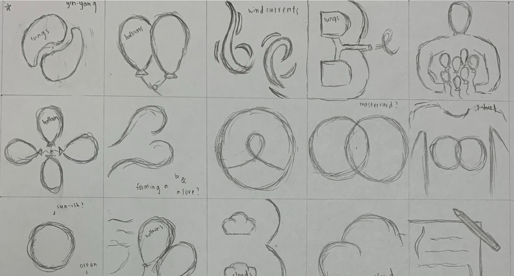 Paper and pencil sketches of logo concepts