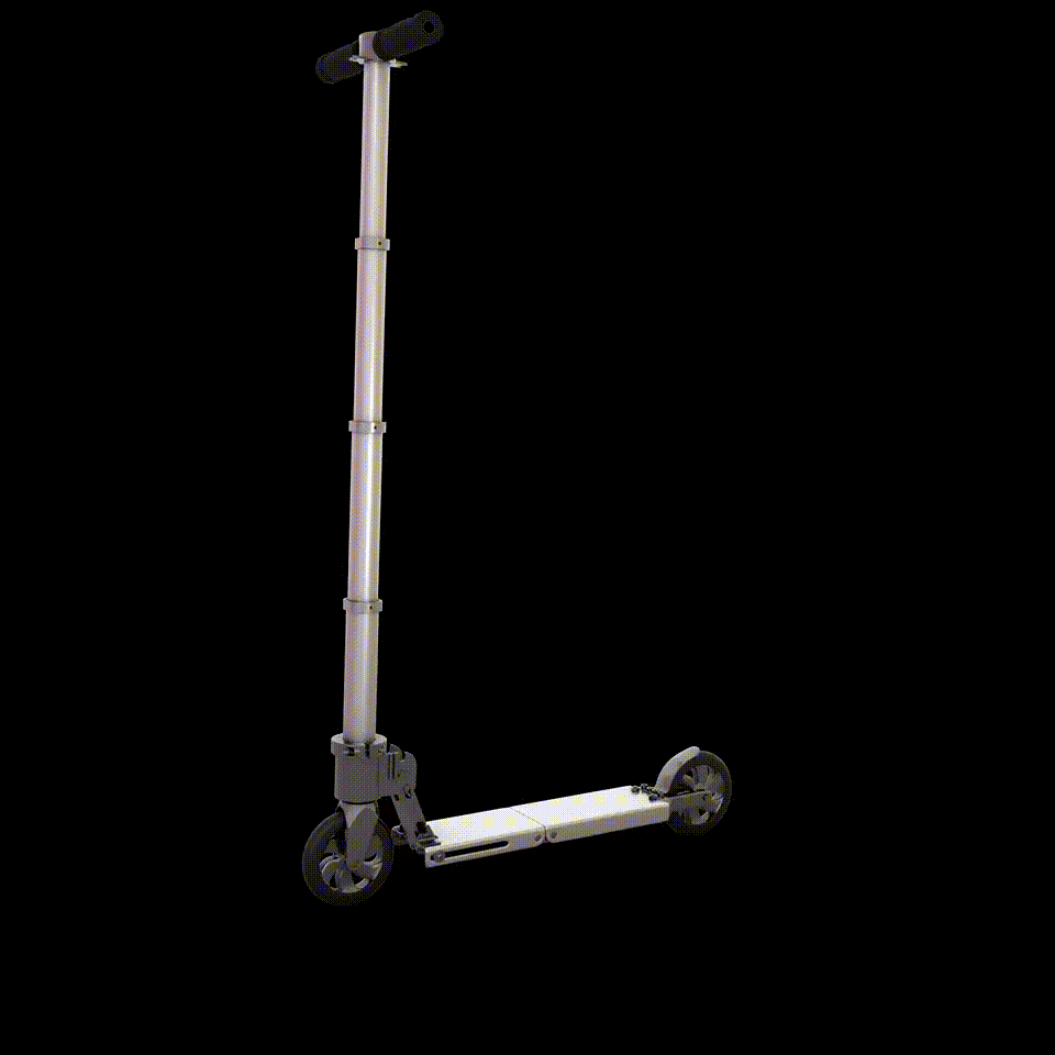 Animated 3D render of the scooter folding up into a backpack.