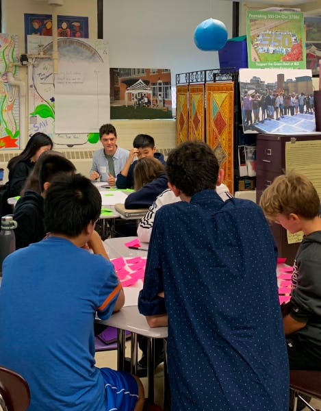 Students sitting at their desks with post-it notes in front of them 