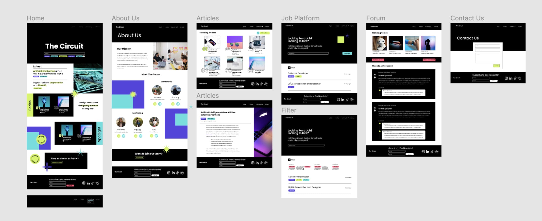 Screenshot of hi-fidelity wireframes for The Circuit website.