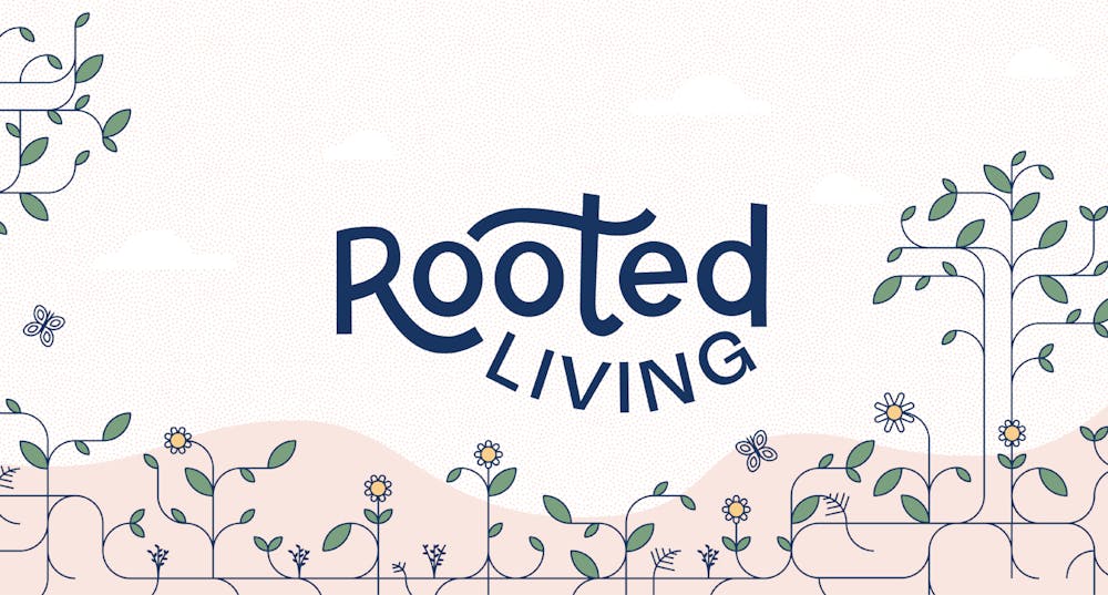 A banner that says rooted living surrounded by vector illustrated flowers