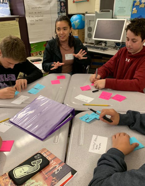 A Scout Labs team member leading a conversation at a table of four teenage students who are each writing down ideas on post-it notes