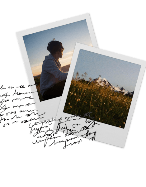 Two polaroid photos overlaid with script handwriting