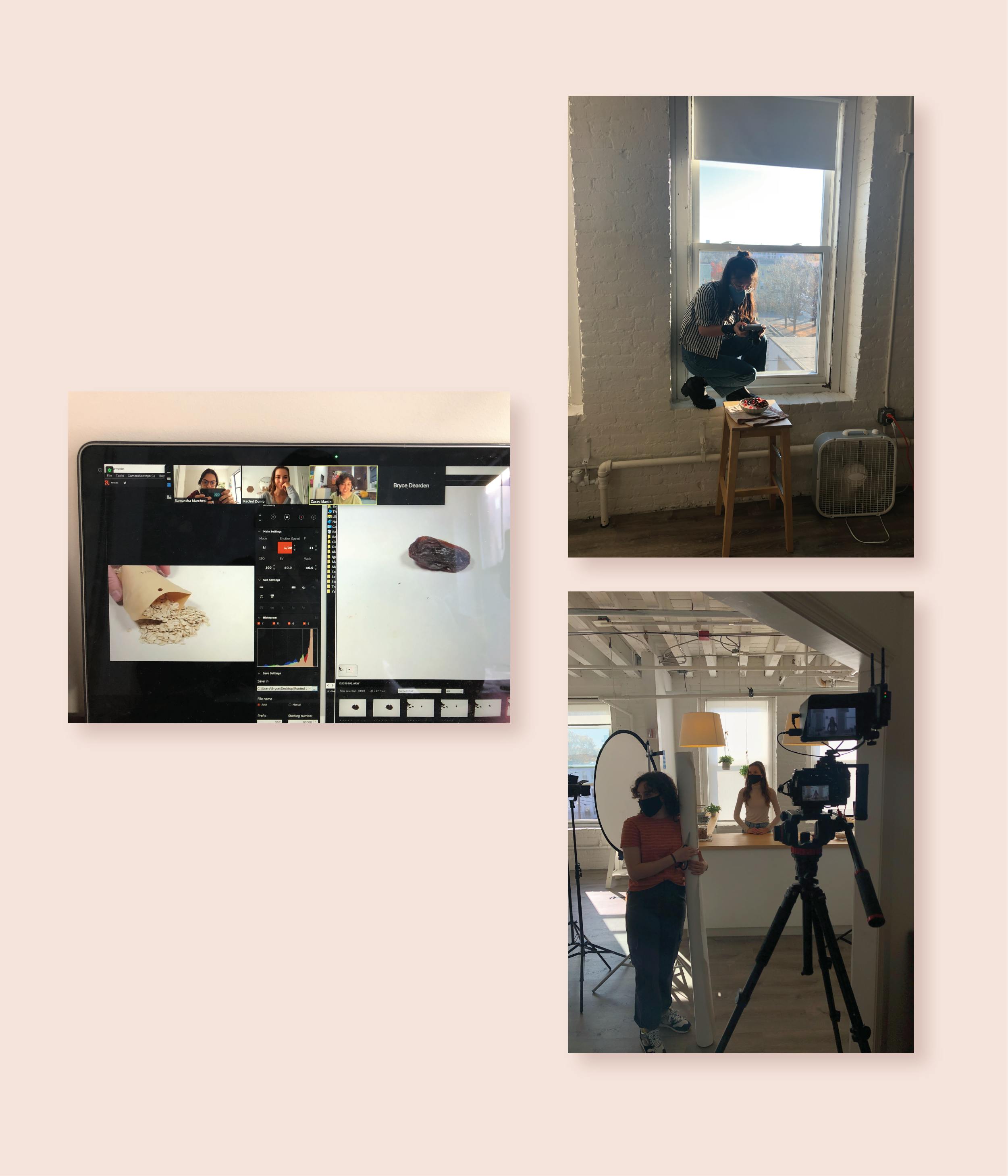 Three images of the production setup, where they are photographing granola